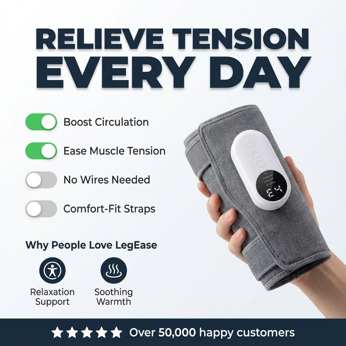 LegEase calf massager graphic with daily benefits and toggle switches