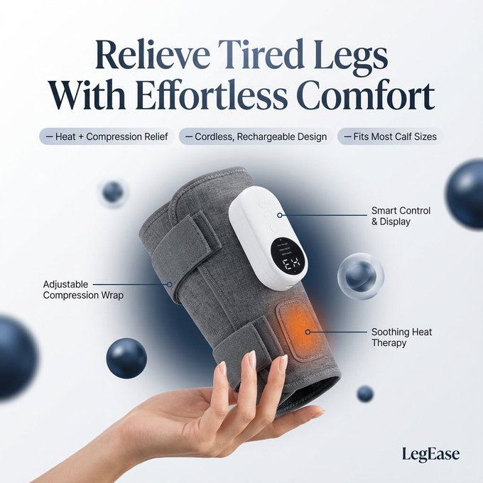 LegEase calf massager feature diagram with callouts and soft background